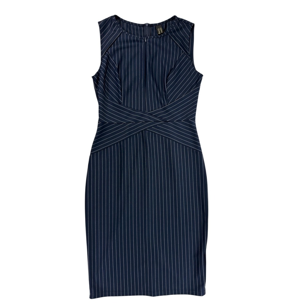Vfshow Pinstripe Sheath Dress M Navy Blue Sleeveless Work Dark Academia Timeless